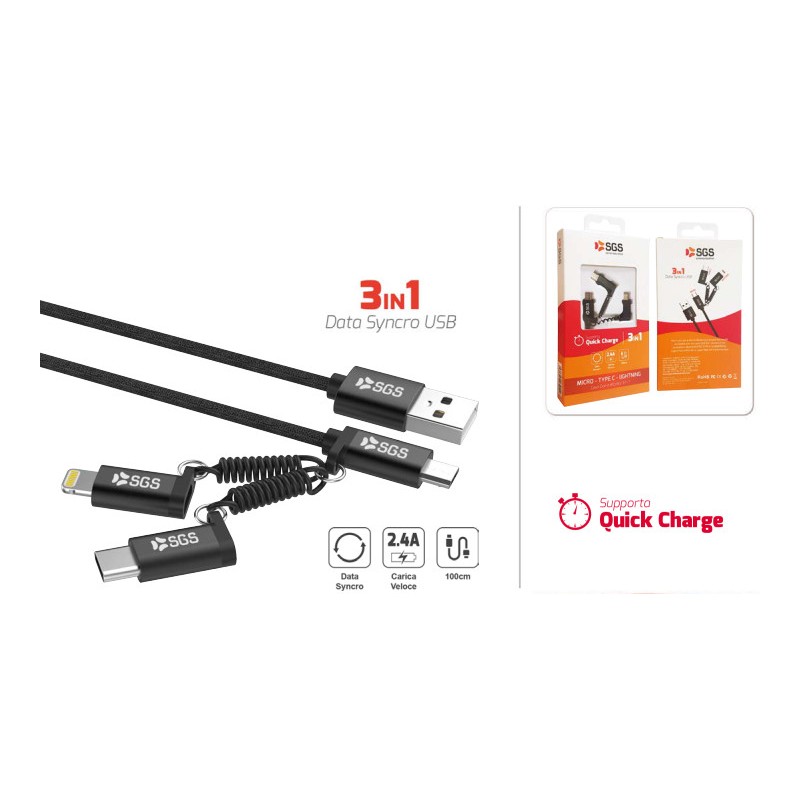 *SGS CAVO USB 3in1 (Micro-USB, adattatore Lightning e Type-C)